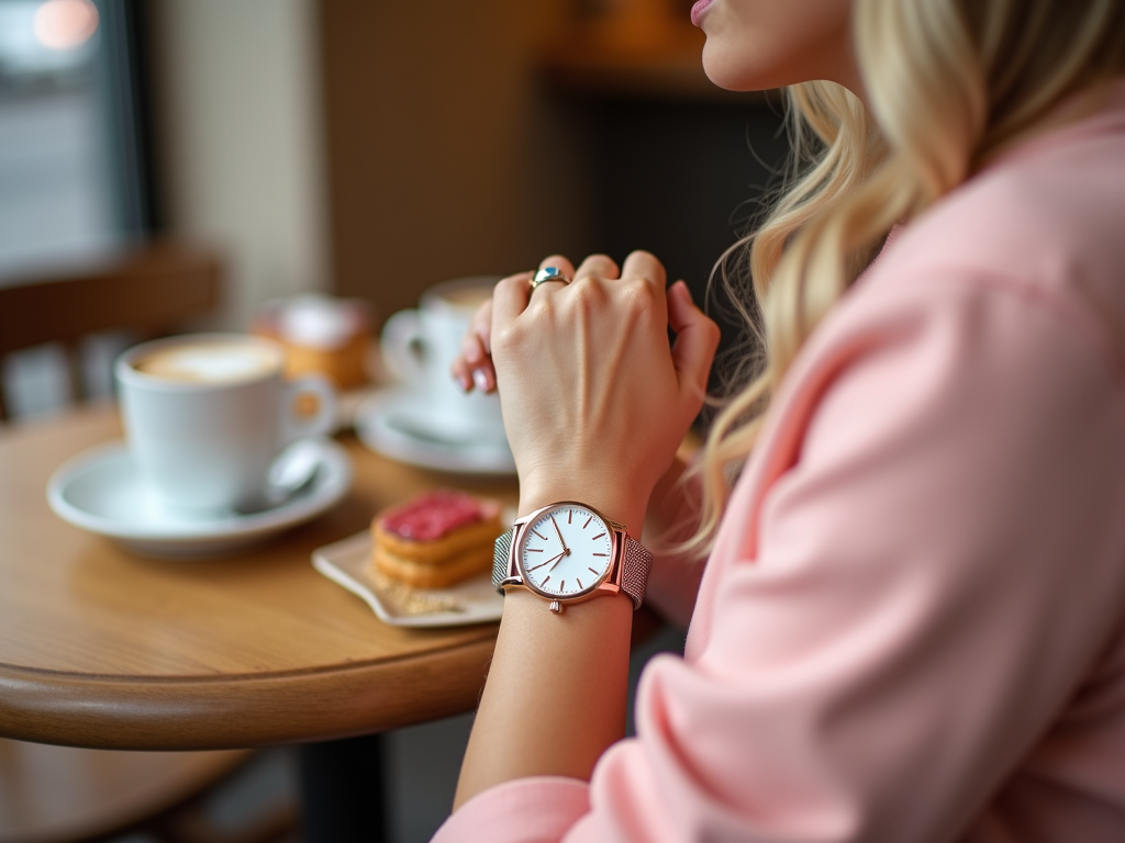 Femeie la cafenea, cu un ceas pe mână, în fața unei cești de cafea și a unui desert.