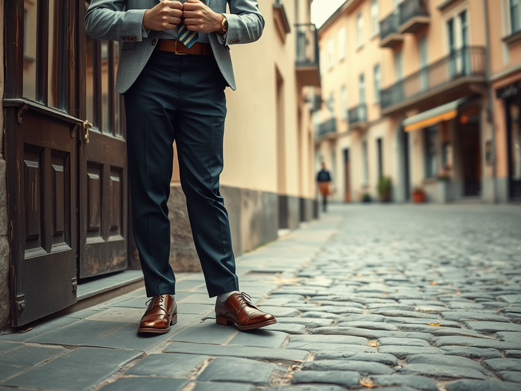 Un bărbat îmbrăcat elegant stă pe o stradă pietruită, având pantofi lucioși și costum gri.