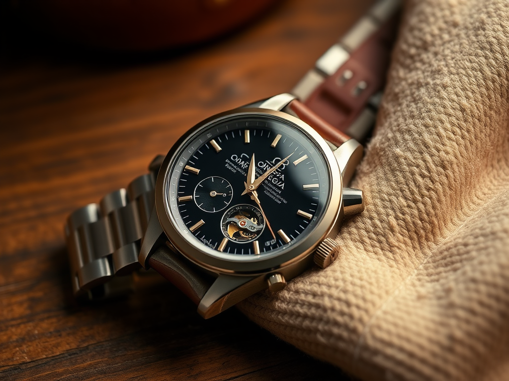 Ceas Omega elegant, cu cadran negru și curea din piele, așezat pe o suprafață din lemn.