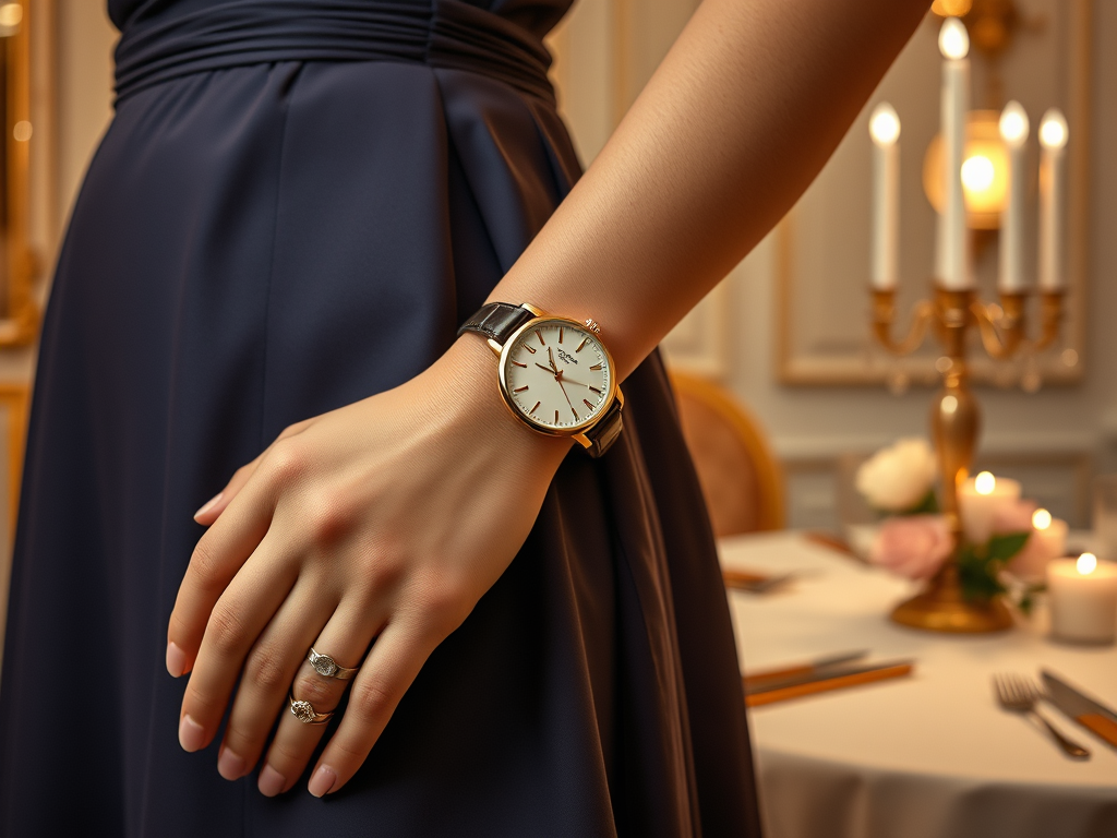 O mână feminină îmbrăcată elegant, purtând un ceas și inele, lângă o masă cu lumânări și flori.