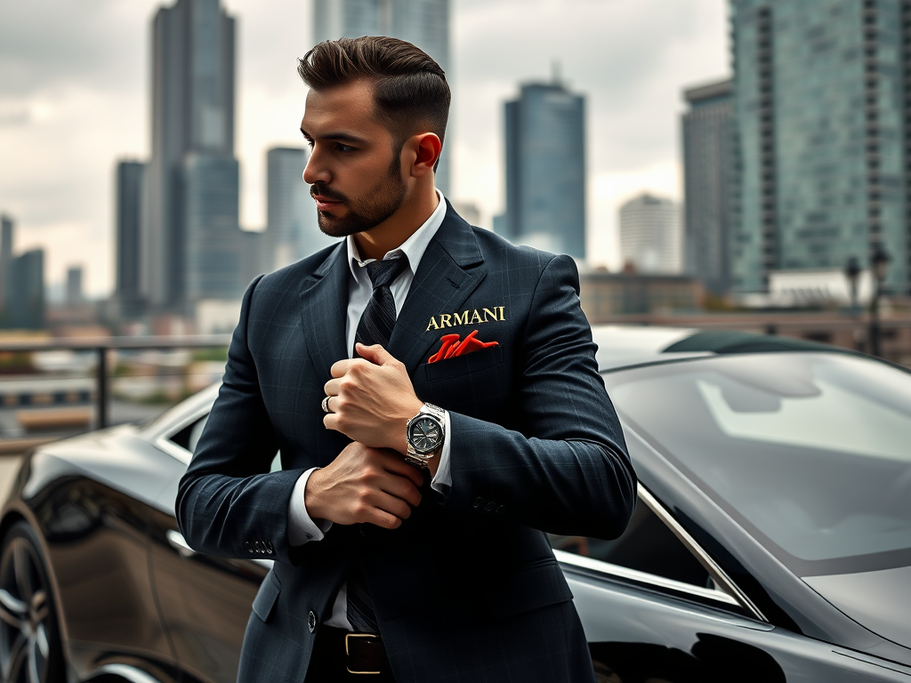 Bărbat elegant îmbrăcat în costum Armani, stând lângă o mașină luxoasă, cu clădiri moderne în fundal.