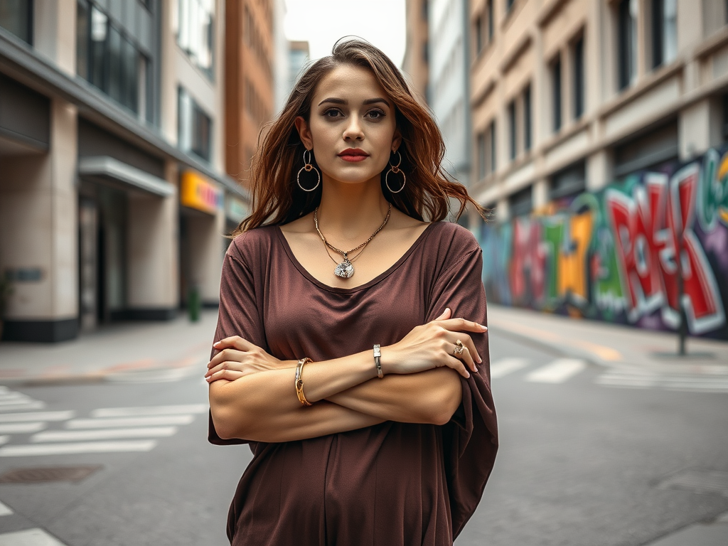O femeie stă în mijlocul străzii, îmbrăcată cu o bluză maronie, cu brațele încrucișate, pe fundal urban colorat.