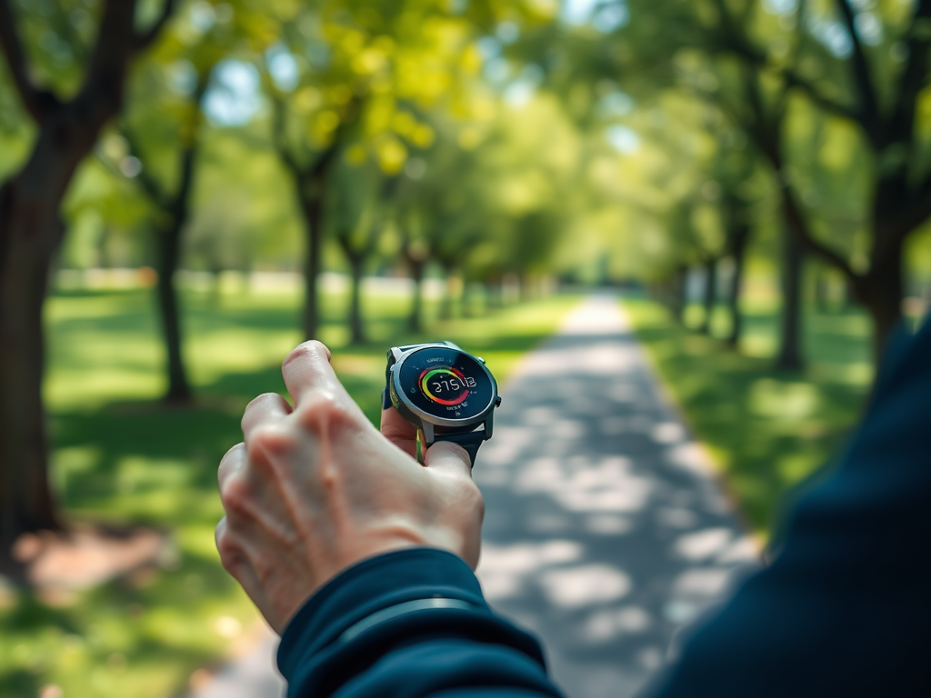 O persoană ține un ceas de fitness într-un parc plin de copaci verzi, pe un drum pietruit.