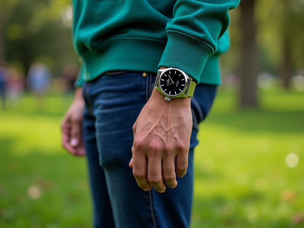 Persoană purtând un ceas elegant pe mână, într-un parc, cu fundal verde bokeh.