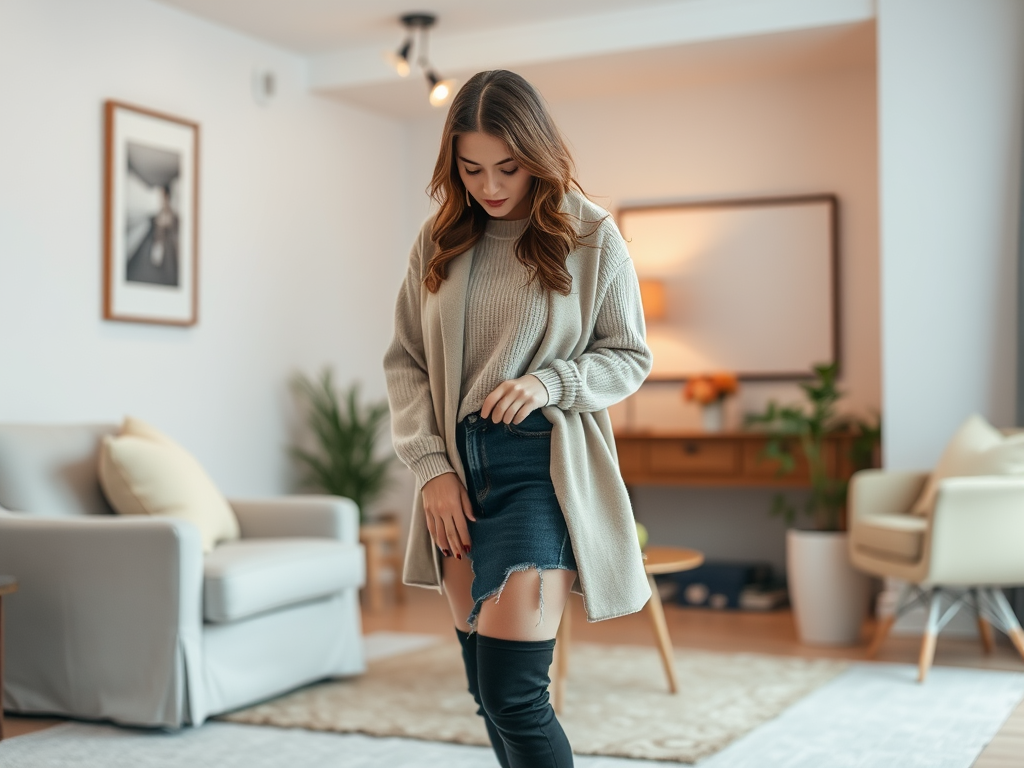 O tânără în cameră modernă, purtând un pulover și o fustă, se relaxează și își ajustează hainele.