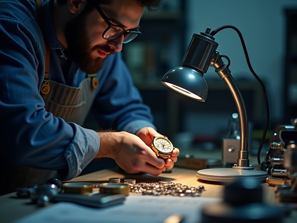 Ceasornicar concentrat la birou, inspectând un ceas sub lumina unui lampadar.