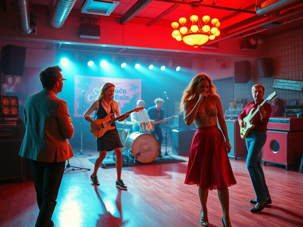 O formație cântă pe o scenă iluminată, iar părinții dansează și se bucură de muzică într-un club.