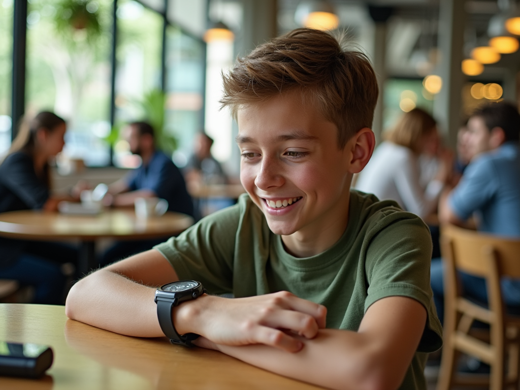 Băiat adolescent zâmbind, îmbrăcat în tricou verde, stând la o masă într-o cafenea aglomerată.