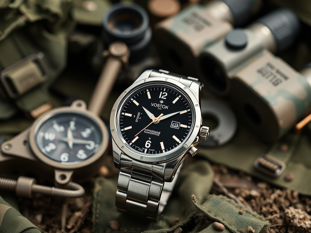 Ceas Vostok pe un fundal militar, împreună cu binocluri și alte accesorii de explorare.