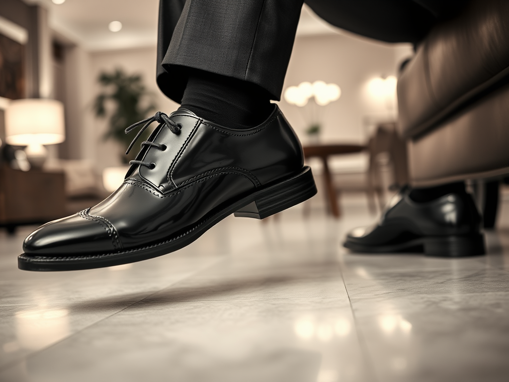 O pereche de pantofi eleganți negri, cu o lună pe o podea din marmură, într-un interior sofisticat.