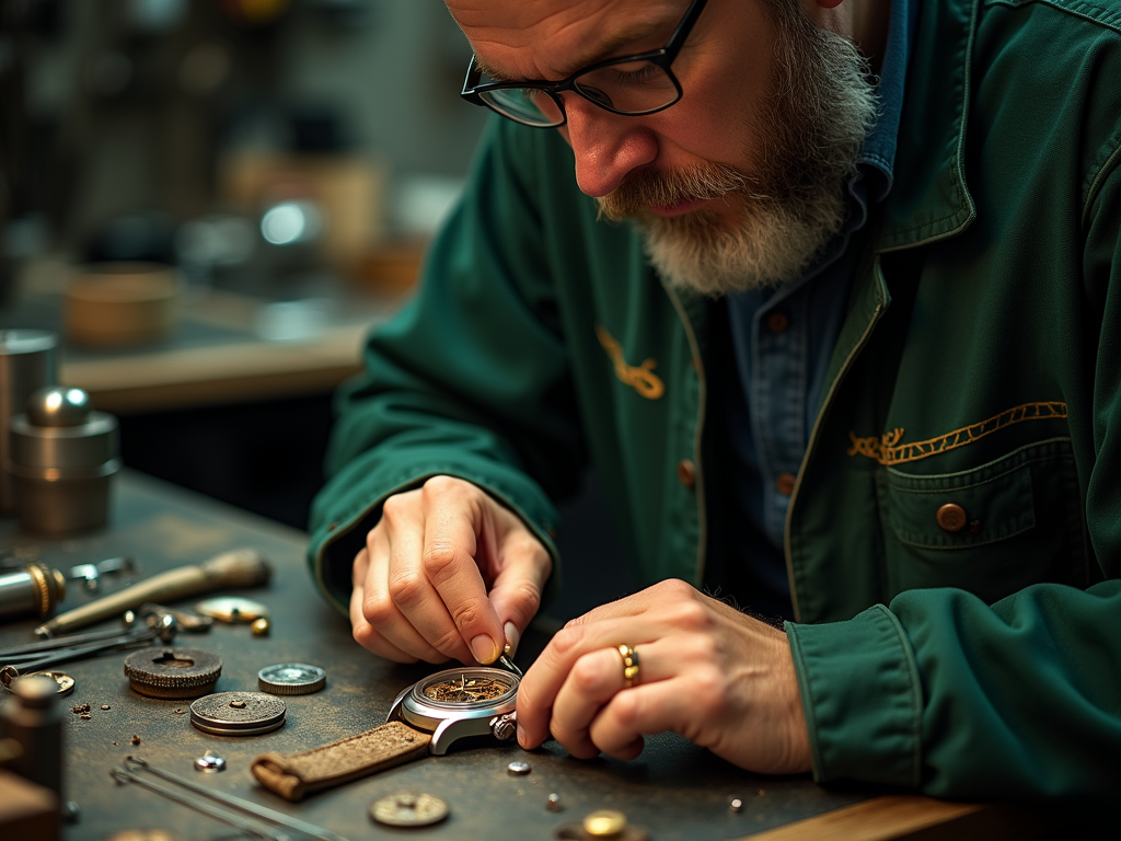 Bărbat concentrat reparând un ceas într-un atelier bine echipat.