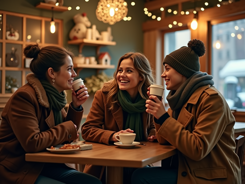 Trei prietene bucurându-se de cafele într-o cafenea decorată festiv, purtând eșarfe și jachete de iarnă.