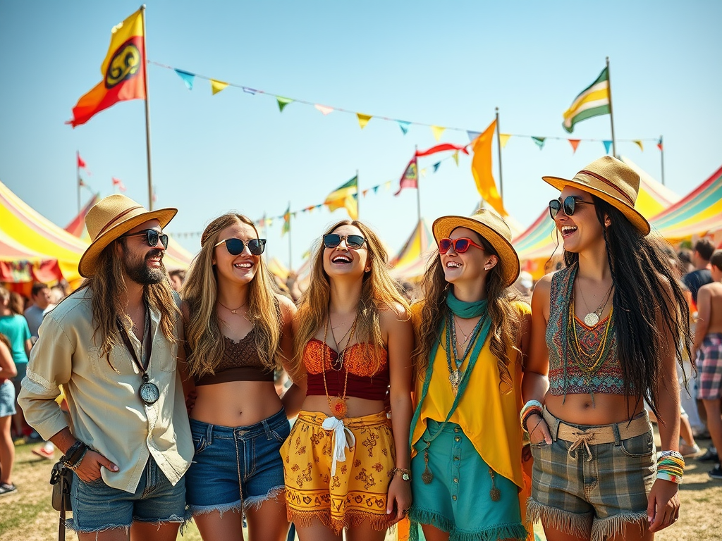 Cinci prieteni zâmbitoare se bucură de un festival de vară, îmbrăcați în haine colorate și pălării.