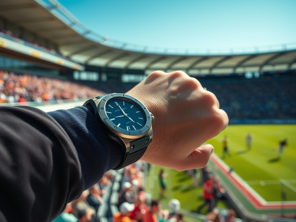 Ceas elegant pe încheietura unei mâini, în fața unui stadion plin de spectatori, în timpul unui meci.