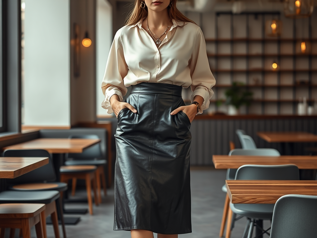 O femeie îmbrăcată elegant, cu o bluză albă și o fustă din piele neagră, stă în interiorul unui local modern.