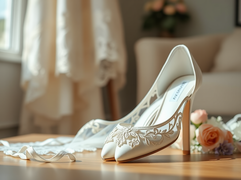 O pereche elegantă de pantofi albați cu toc înalt, împodobiți cu broderie florală, pe o masă din lemn.