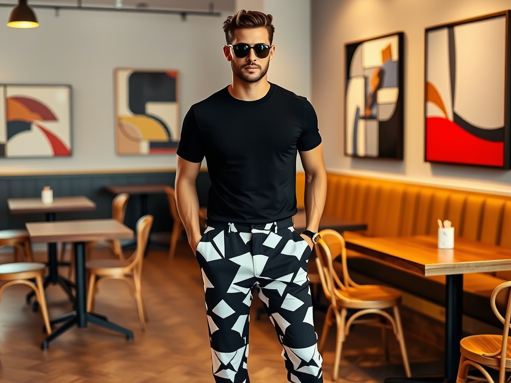 Un bărbat tânăr poartă un tricou negru și pantaloni cu un model abstract, într-un café modern.