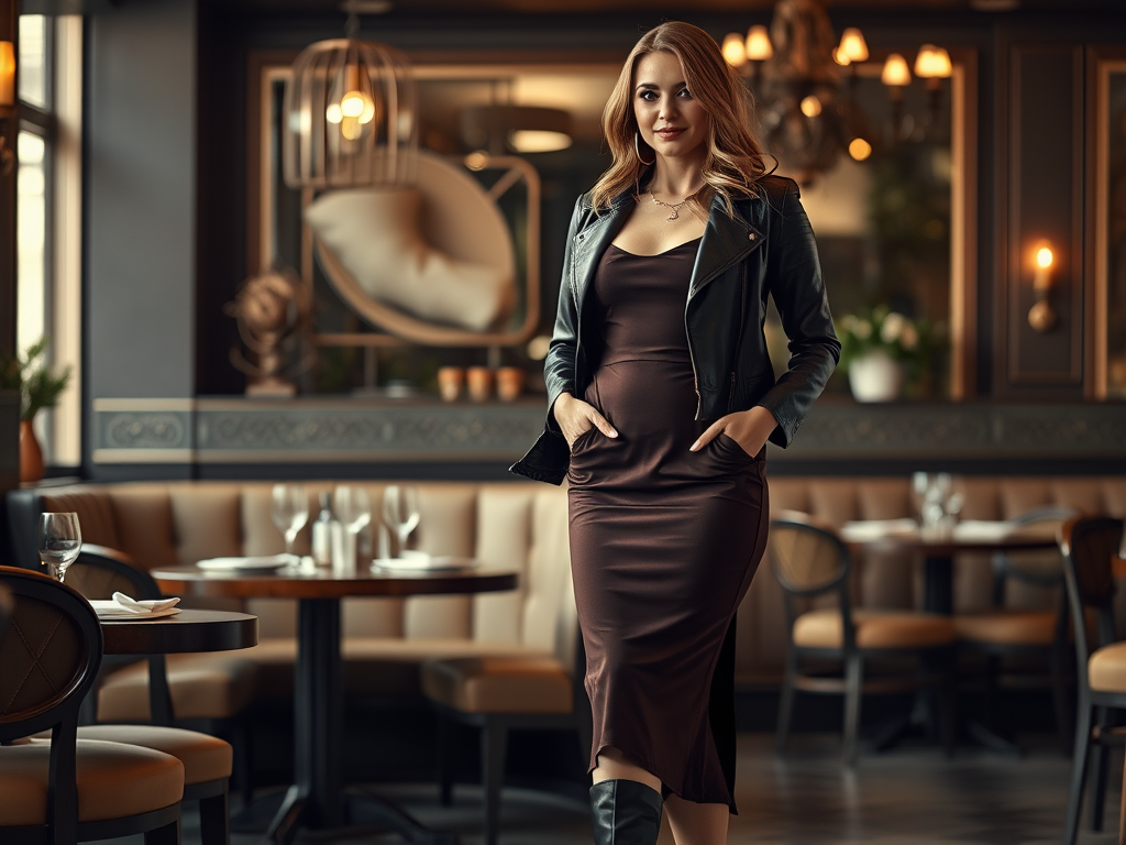 O femeie cu o rochie elegantă și jachetă din piele, stând într-un restaurant modern și rafinat.