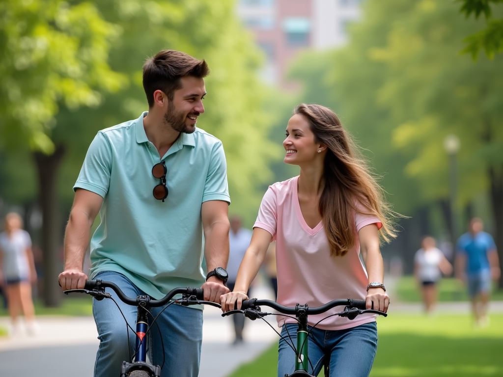 Un bărbat și o femeie zâmbind, plimbându-se cu bicicletele în parc.