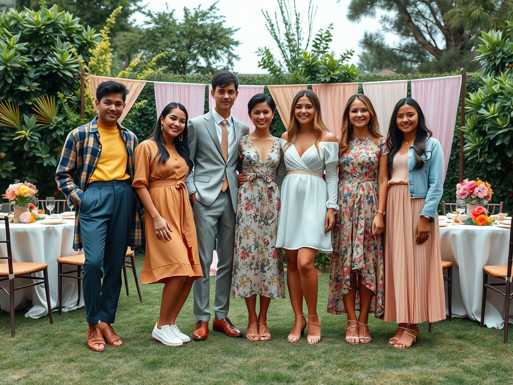 Opt tineri zâmbitori pozând împreună într-un cadru elegant de grădină, cu mese decorate festiv.