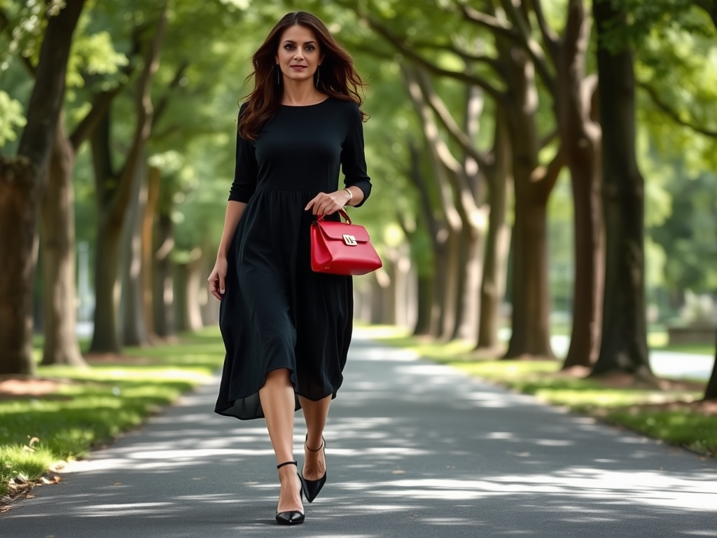 O femeie elegantă îmbrăcată în negru, purtând o geantă roșie, mergând pe aleea unei grădini.
