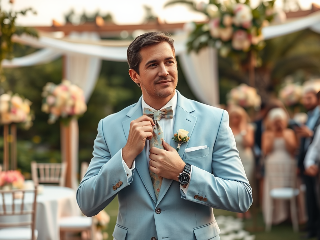 Un bărbat îmbrăcat în costum albastru deschis, pregătindu-se pentru o ceremonie de nuntă, zâmbind.