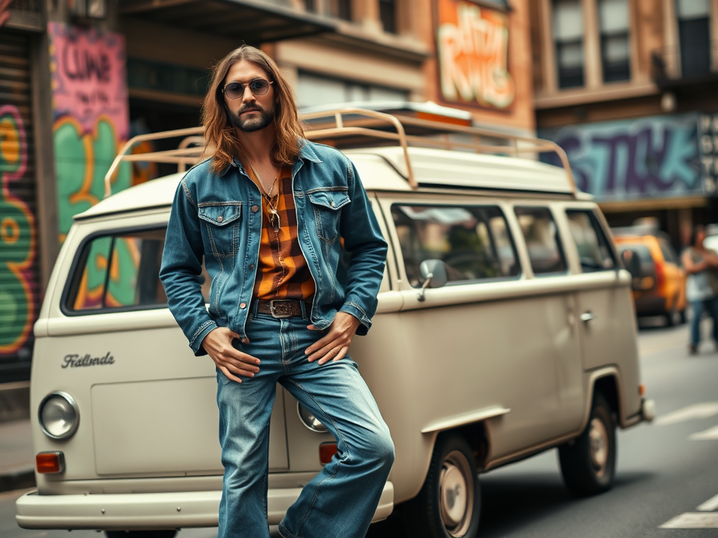 Un bărbat cu păr lung, îmbrăcat în blugi și jachetă din denim, stă lângă un Volkswagen colorat pe o stradă urbană.