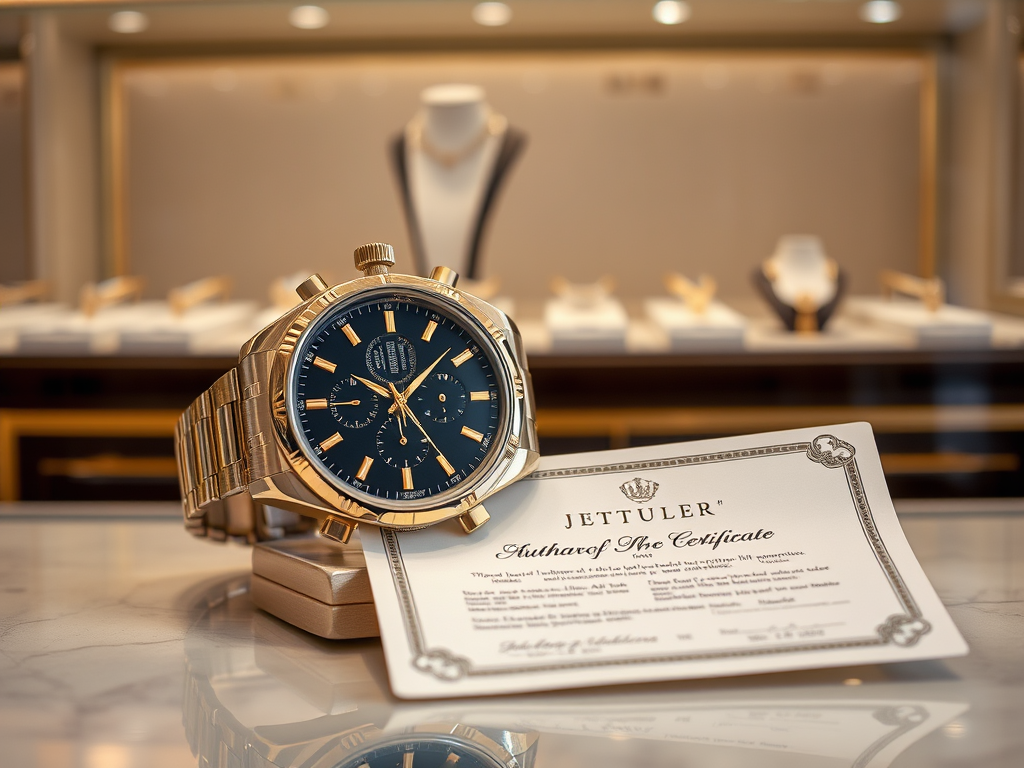 Un ceas de lux cu un certificat de autenticitate, expus într-un magazin elegant de bijuterii.